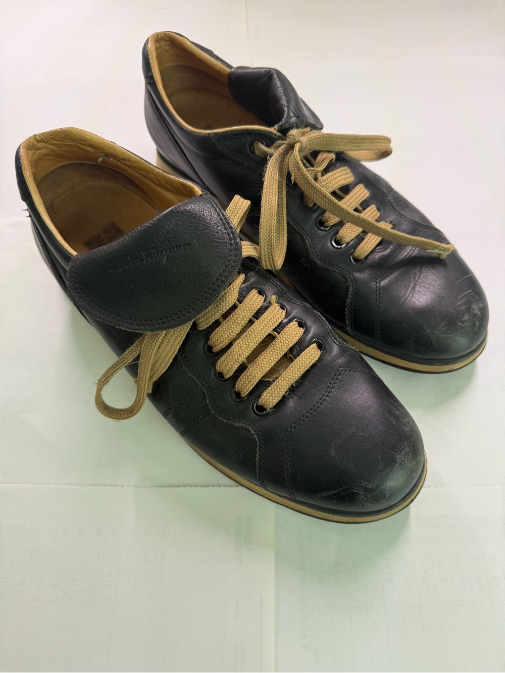 Salvatore Ferragamo Black Leather Sneakers with Tan Accents